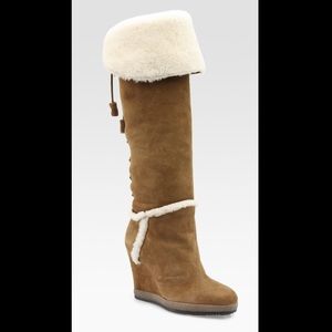 Moncler Shearling and Suede Knee High Boots